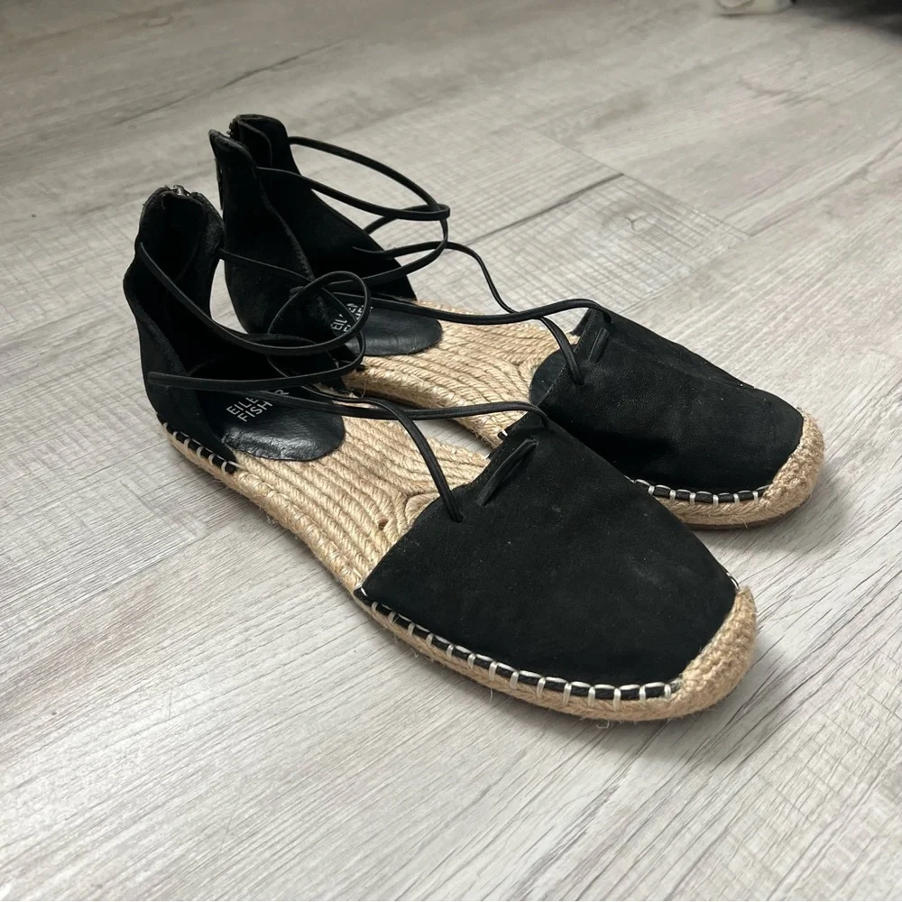 EILEEN FISHER Lace Leather Espadrille Black and Tan Size 7